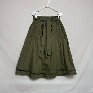 Alice Blue Olive Green Eyelet Midi Skirt Womens Large Boho Button Front Tie Wais